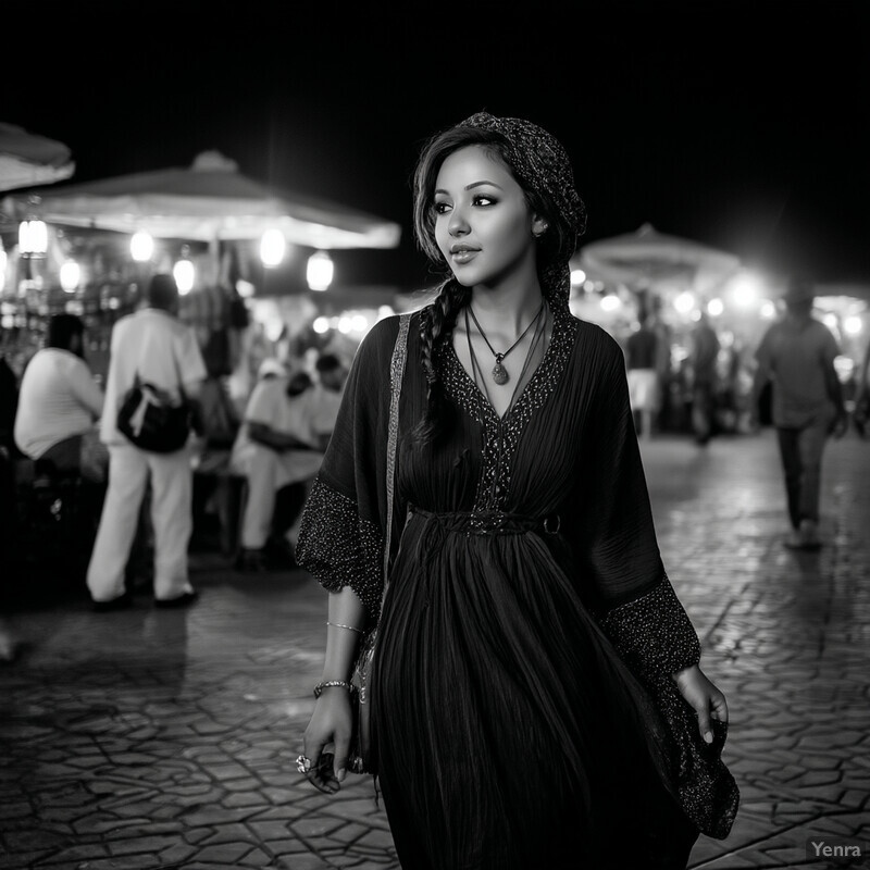 A woman in traditional Moroccan attire walking through a bustling marketplace