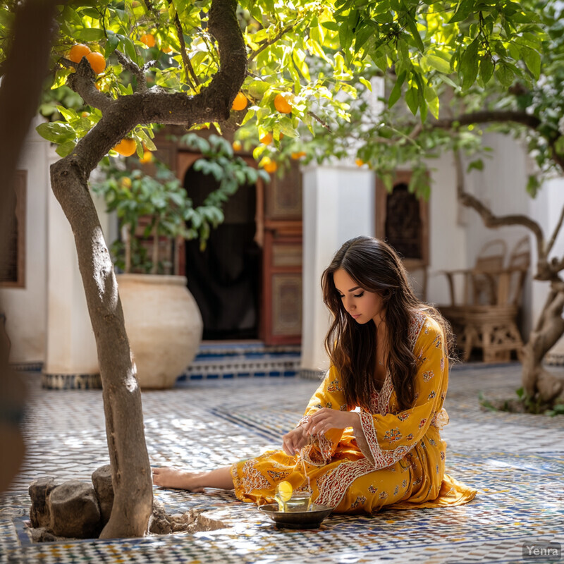 A woman in a yellow dress sits on the floor amidst oranges and tiles, exuding tranquility.