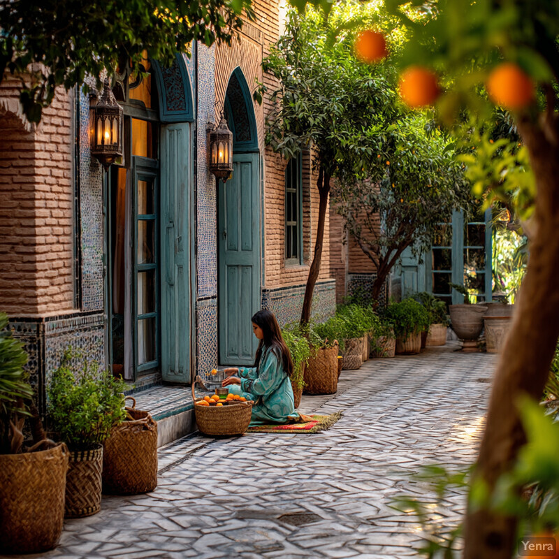 A serene courtyard scene with a woman surrounded by lush greenery and vibrant flowers, enjoying a basket of oranges and other fruits.