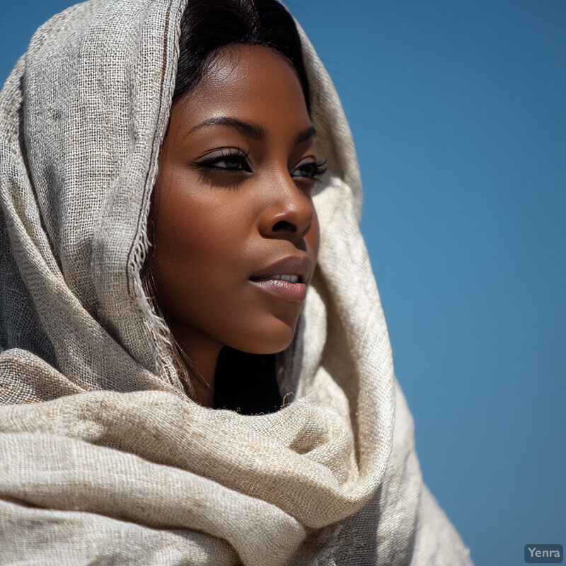 A woman with brown skin and black hair looks off-camera with a neutral expression