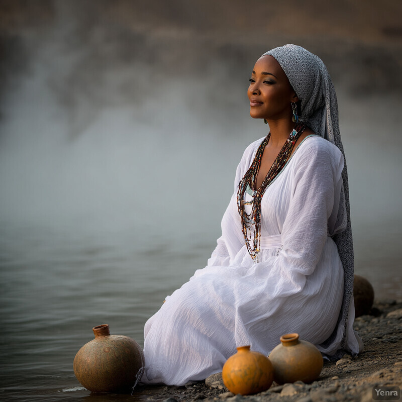 Woman sitting by the water