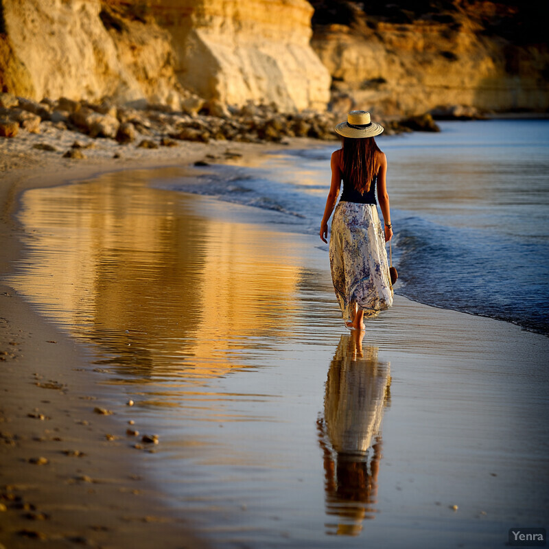 A woman strolls along the beach with her back to the camera, wearing a straw hat, long skirt, and tan watch, lost in thought amidst the peaceful atmosphere.