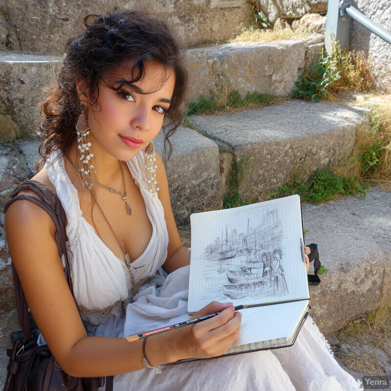 A young woman sits on stone steps, holding a sketchbook and pencil, surrounded by a possible outdoor setting