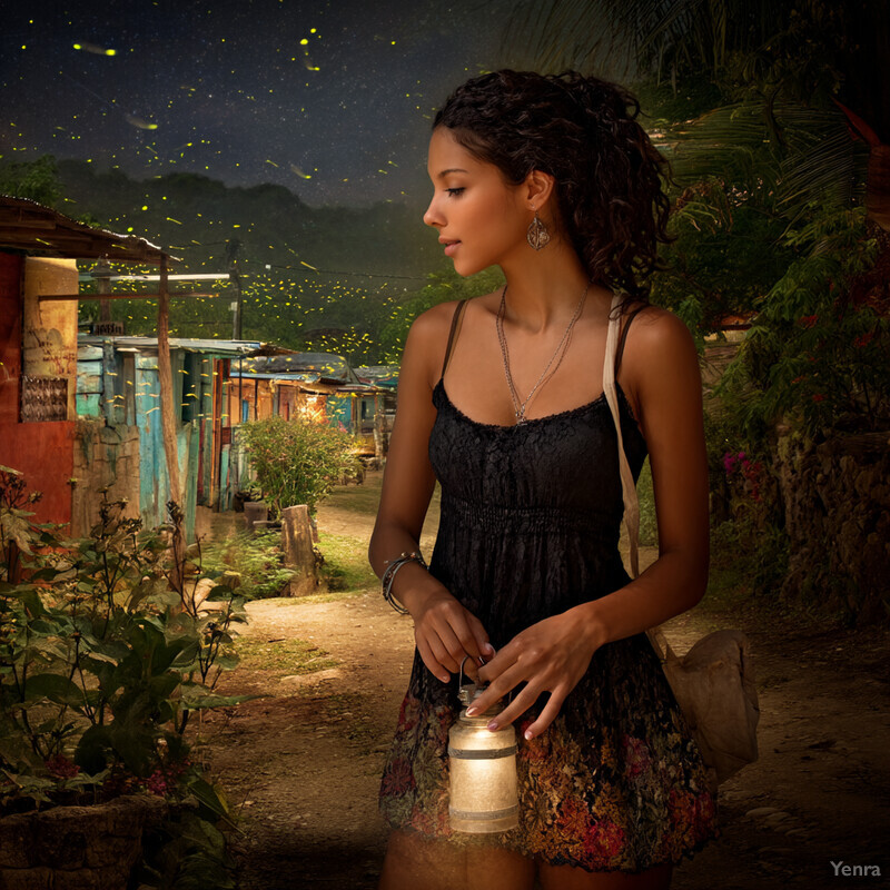 A young woman stands in a village or small town at night, holding a glowing light source and surrounded by buildings and trees.