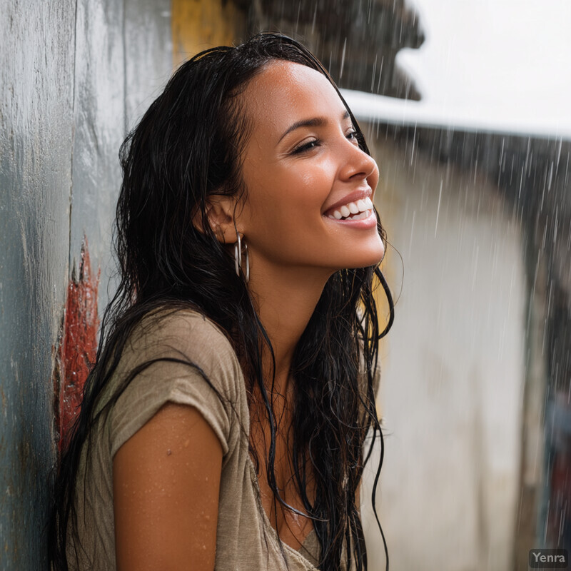 A young woman stands in front of a wall, smiling and covered in water droplets