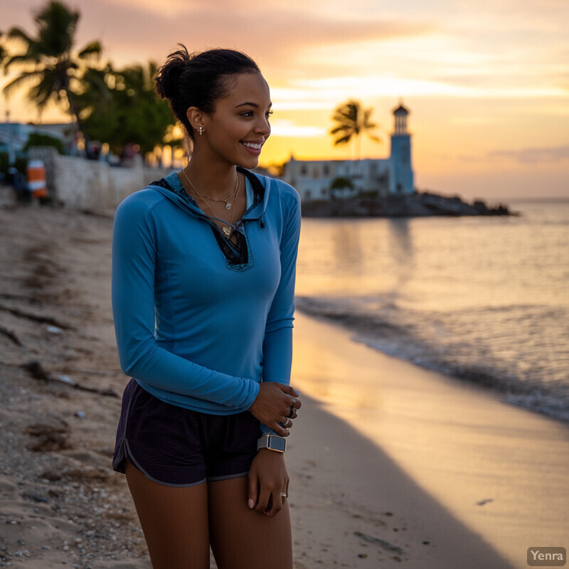 A woman standing on a beach at sunset, gazing towards the ocean.