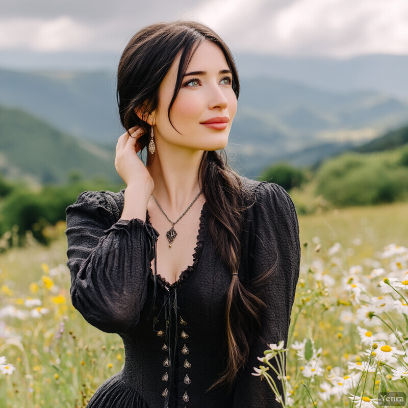 A young woman with long dark hair stands in a field of wildflowers, gazing off into the distance.