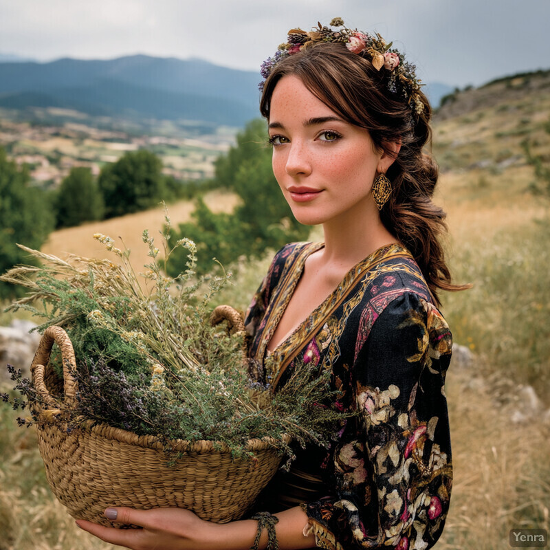 Woman holding a basket of dried flowers and herbs