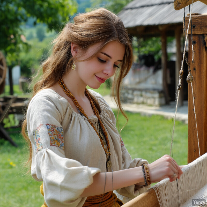 Young woman engaged in traditional weaving or spinning