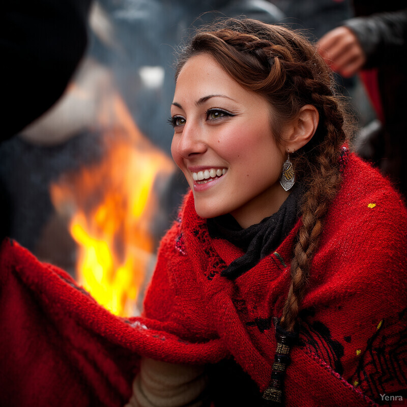 Woman with braided hair and red shawl sits in an outdoor setting, engaged in conversation