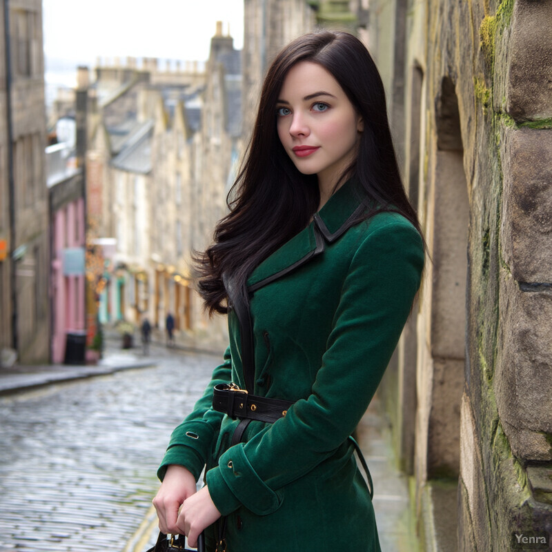 A woman stands in front of an old stone wall, possibly on a street or alleyway, wearing a green coat and black belt with gold accents.