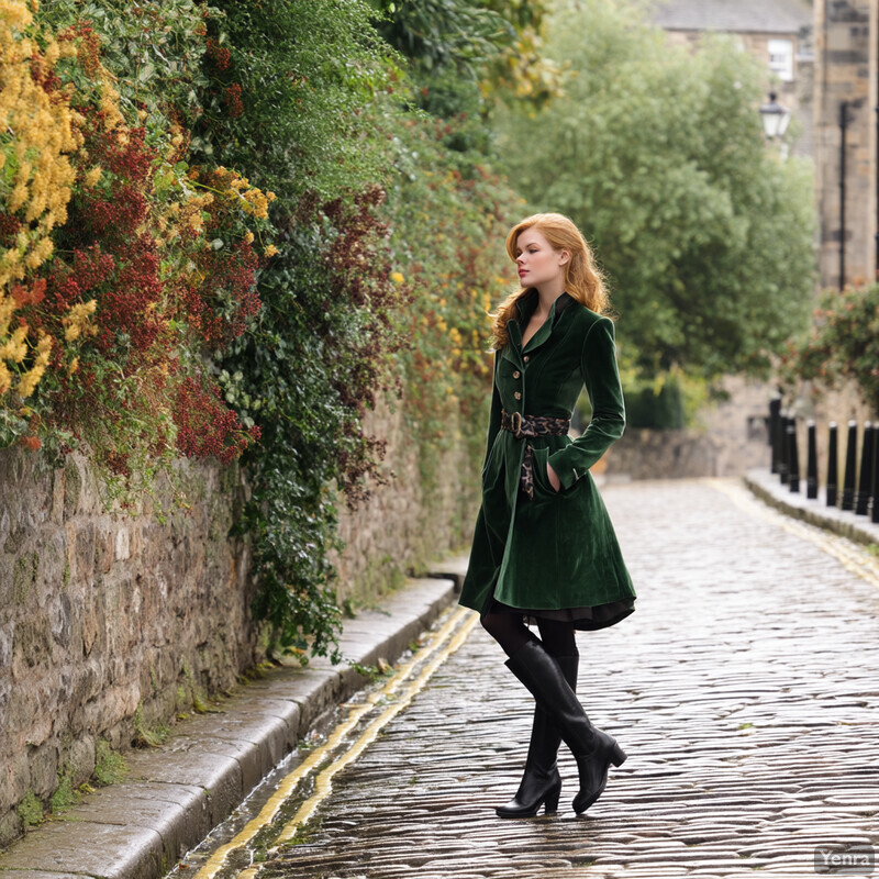 Woman in green velvet coat standing in cobbled street