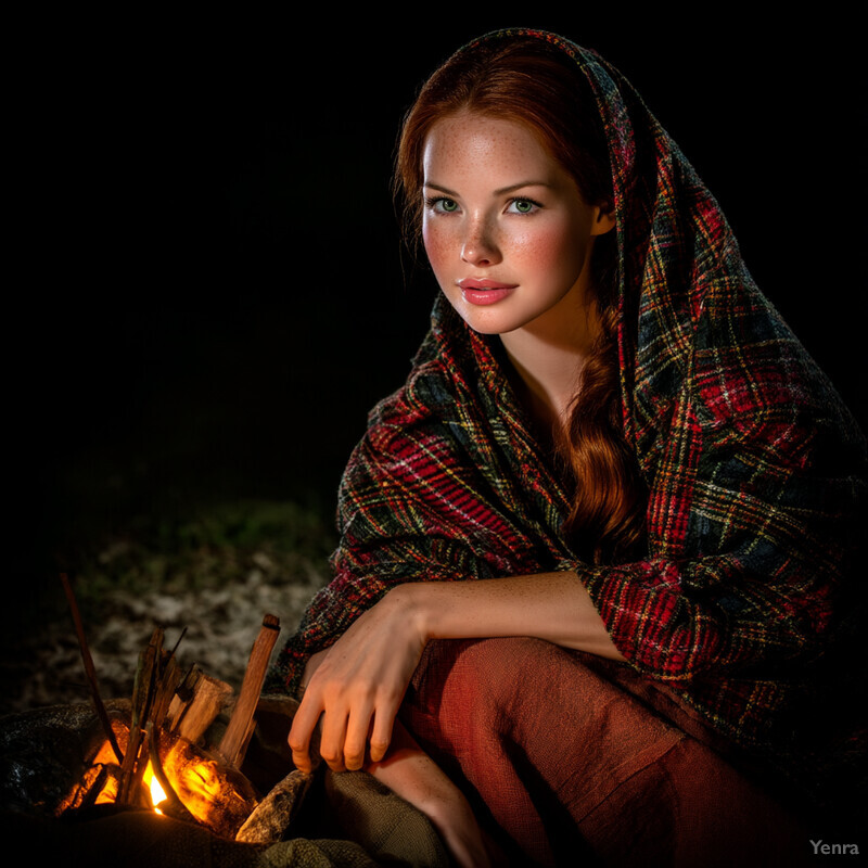 A young girl sits by a campfire at night, wrapped in a plaid blanket, surrounded by darkness and the faint outline of trees in the background.