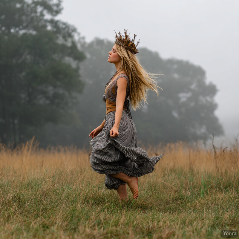 A serene scene featuring a blonde woman standing in a field of tall grass, wearing a striking outfit and flower crown.
