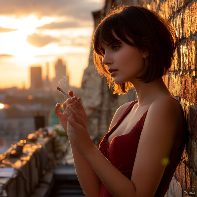 Woman in red dress standing on balcony at sunset