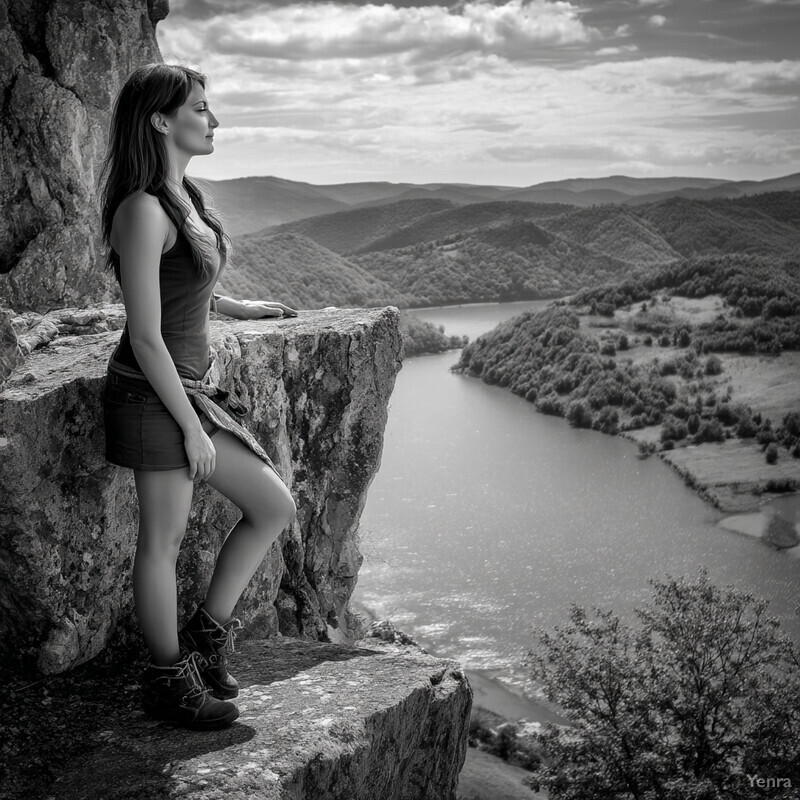 A woman stands at the edge of a cliff, gazing out into the distance.