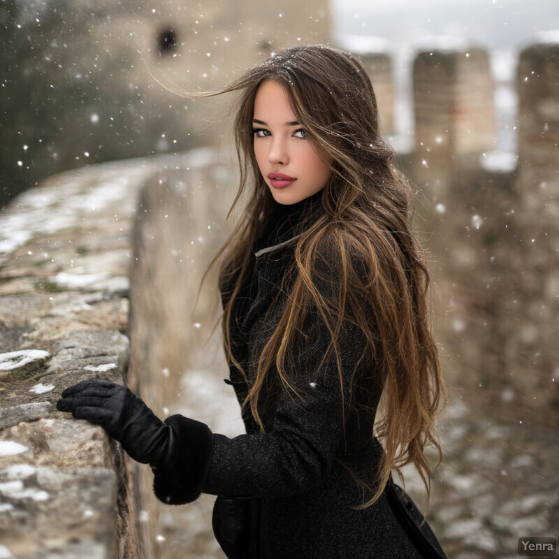 A young woman stands in front of a stone wall, lost in thought.