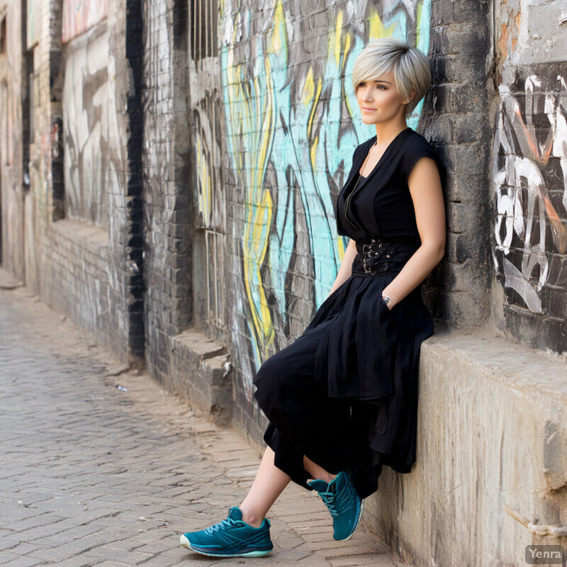 A woman with short blonde hair leans against a wall, wearing a black dress and blue sneakers