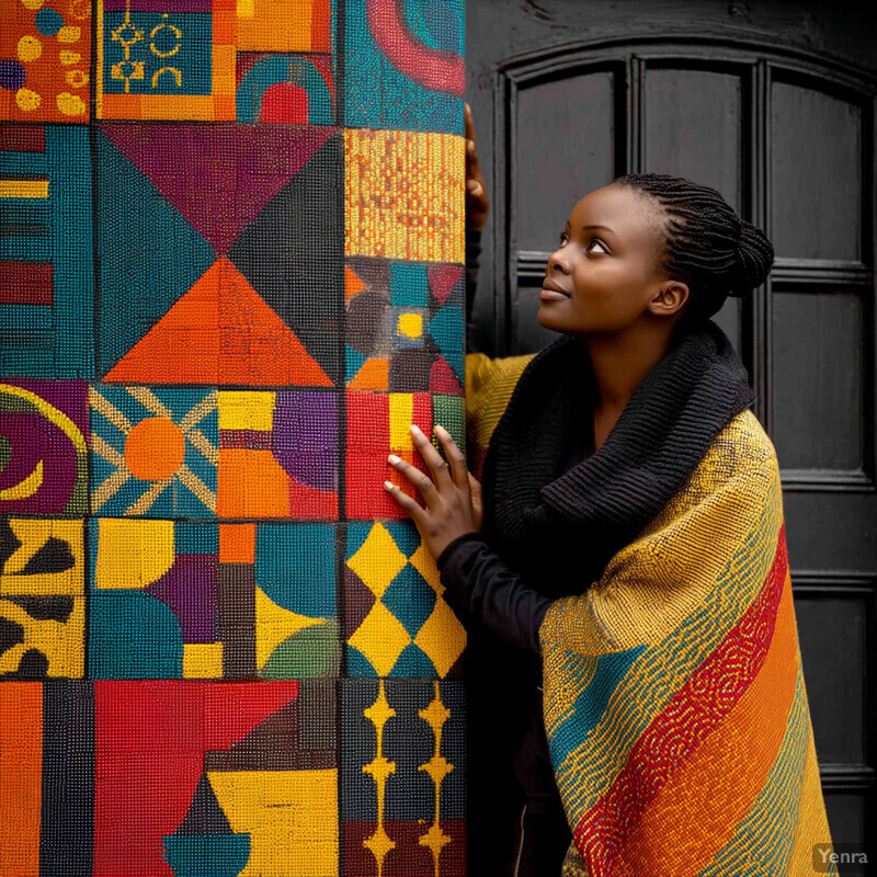 Woman stands in front of geometric-patterned wall or mural