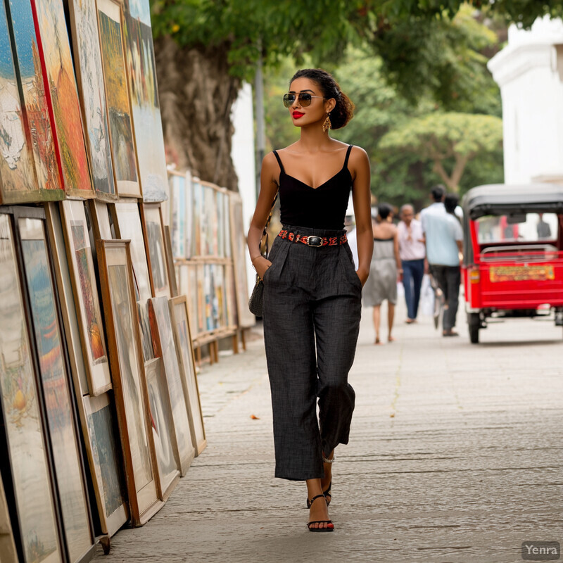 A confident woman stands in front of a wall of framed paintings or photographs, her body language exuding self-assurance.