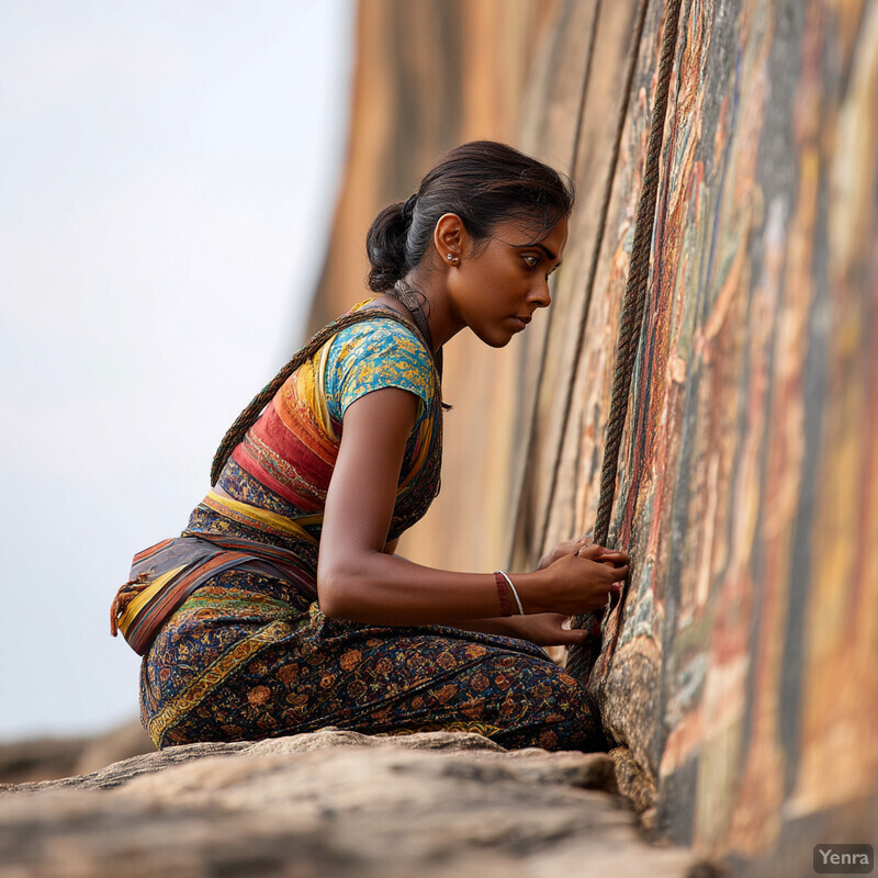 A woman in traditional Indian attire kneels beside a colorful mural.