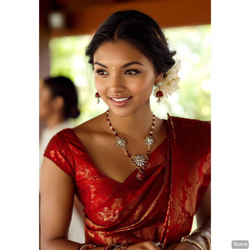 Woman in red sari with gold accents and traditional Indian jewelry
