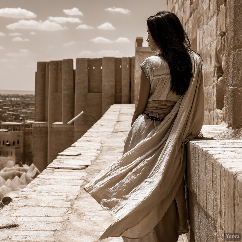 A woman stands at the edge of a stone structure, gazing out into the distance in an ancient setting.