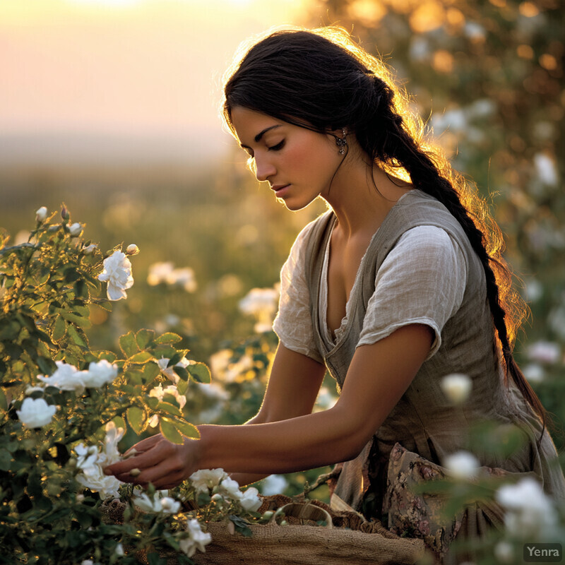 A young woman tends to white flowers in a field at sunset or sunrise, surrounded by wildflowers and rolling hills under a warm golden light.