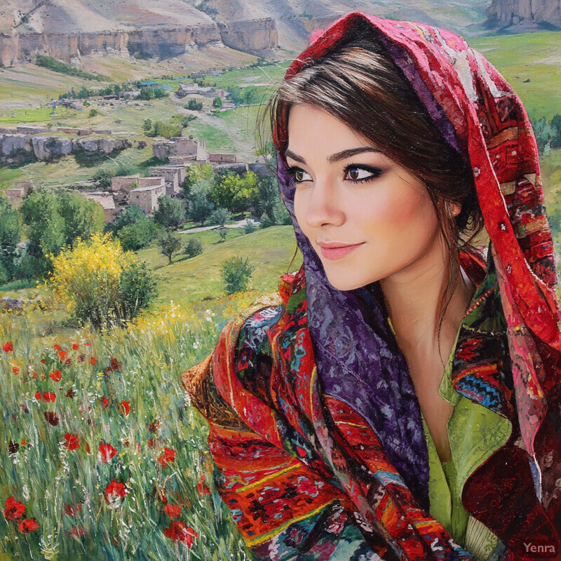 A serene painting of a woman in a red headscarf standing among lush greenery and flowers, with a small dog by her side, set against a backdrop of trees and a village nestled among hills and mountains.