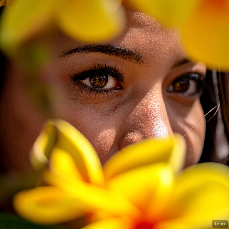 A woman's face surrounded by yellow flowers in full bloom.