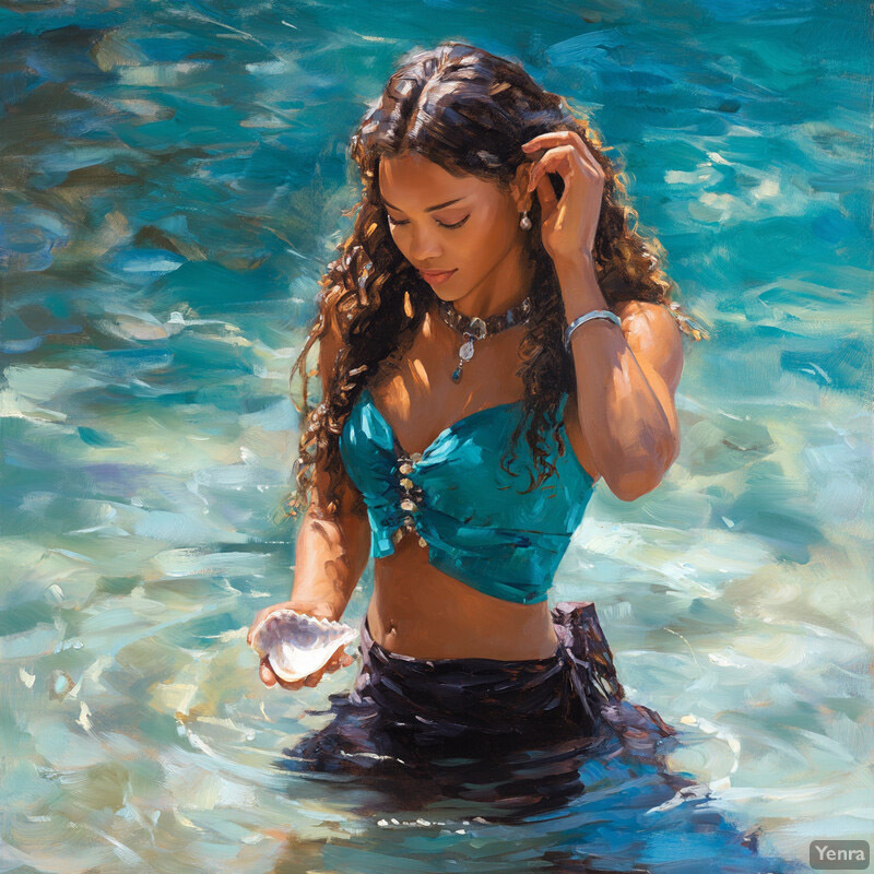 A woman stands in shallow water, holding a large white shell.