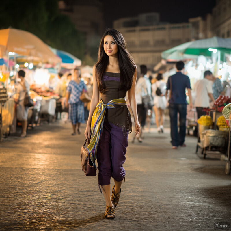 A woman walks through a market street at night, surrounded by vendors and shoppers