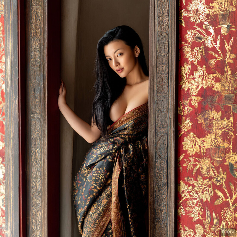 A pregnant or elegantly dressed Asian woman stands in front of an ornate wooden doorframe.