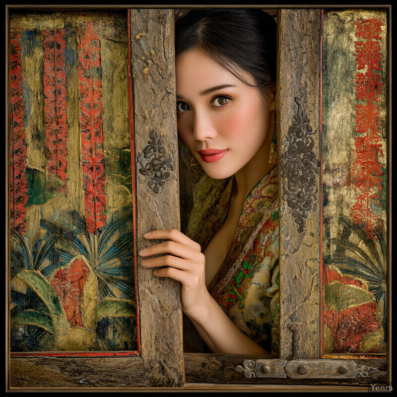A woman with dark hair and a vibrant floral top, framed by an ornate wooden frame