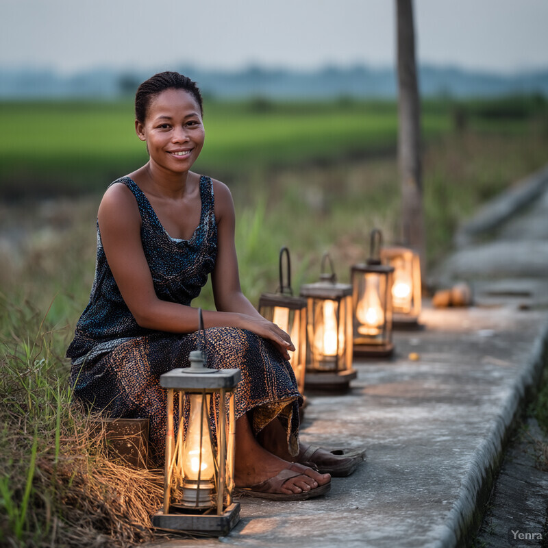 A young woman sits in a grassy field surrounded by lanterns and candles, conveying a sense of comfort and reassurance.