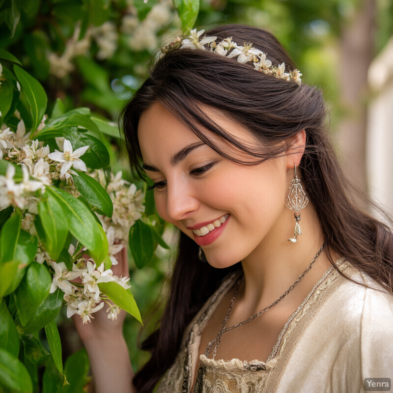 A young woman with long brown hair stands against a vibrant green backdrop, wearing an elegant off-white dress and gazing towards the left side of the frame.