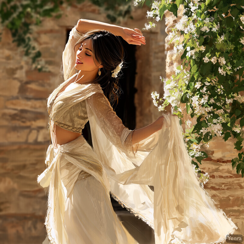 A serene and peaceful image of a woman standing in front of an aged brick wall, surrounded by natural beauty.