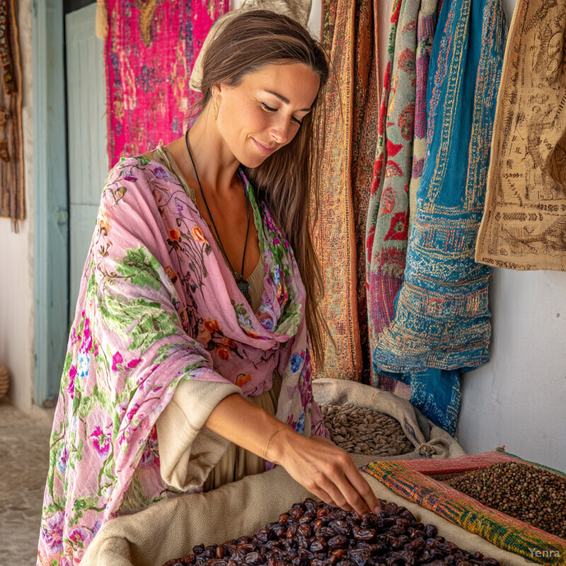 A woman surrounded by dried fruit, nuts, and textiles