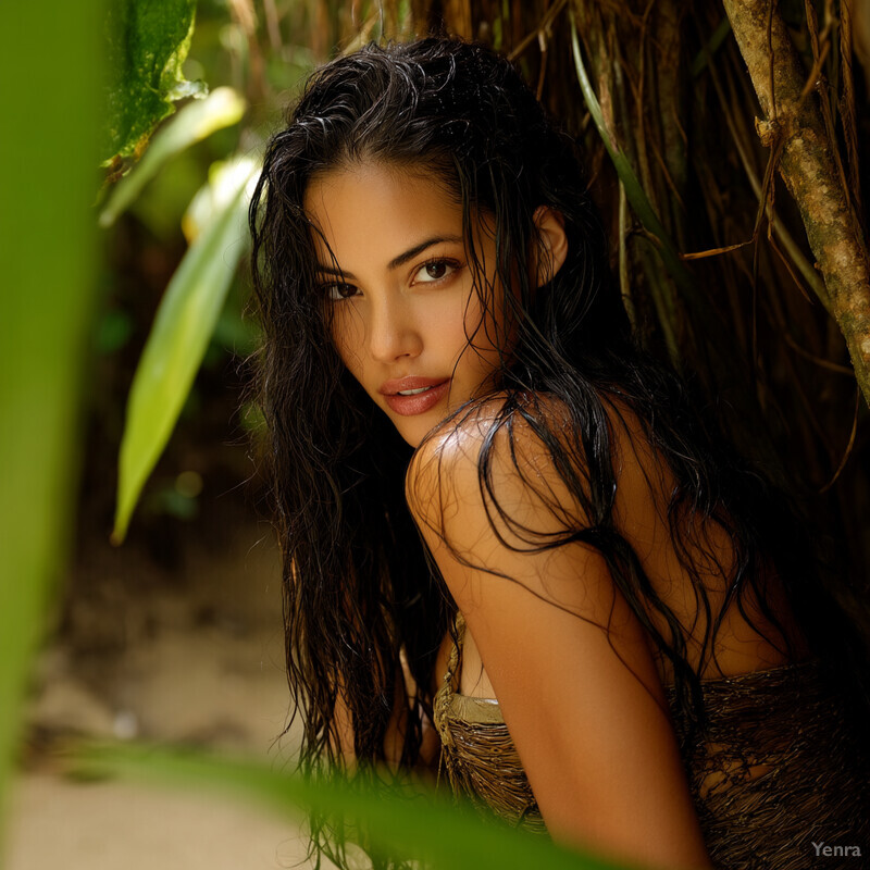 A serene and idyllic scene of a woman standing amidst lush greenery.