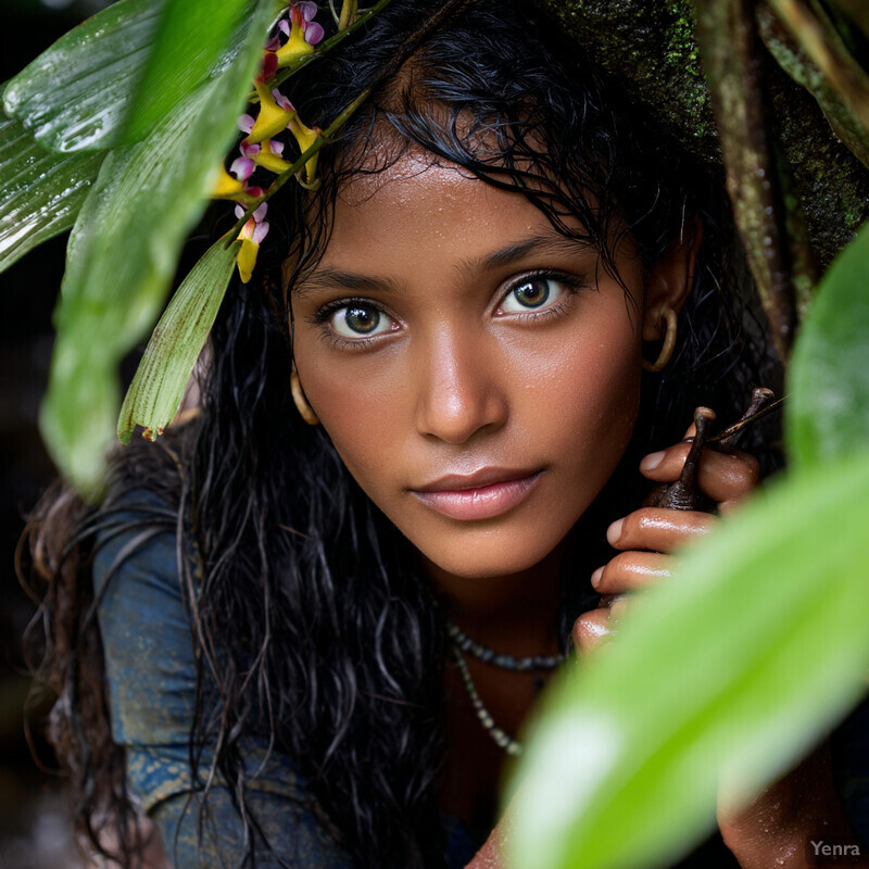 A young girl peering out from behind green leaves, possibly after running through a forested area.