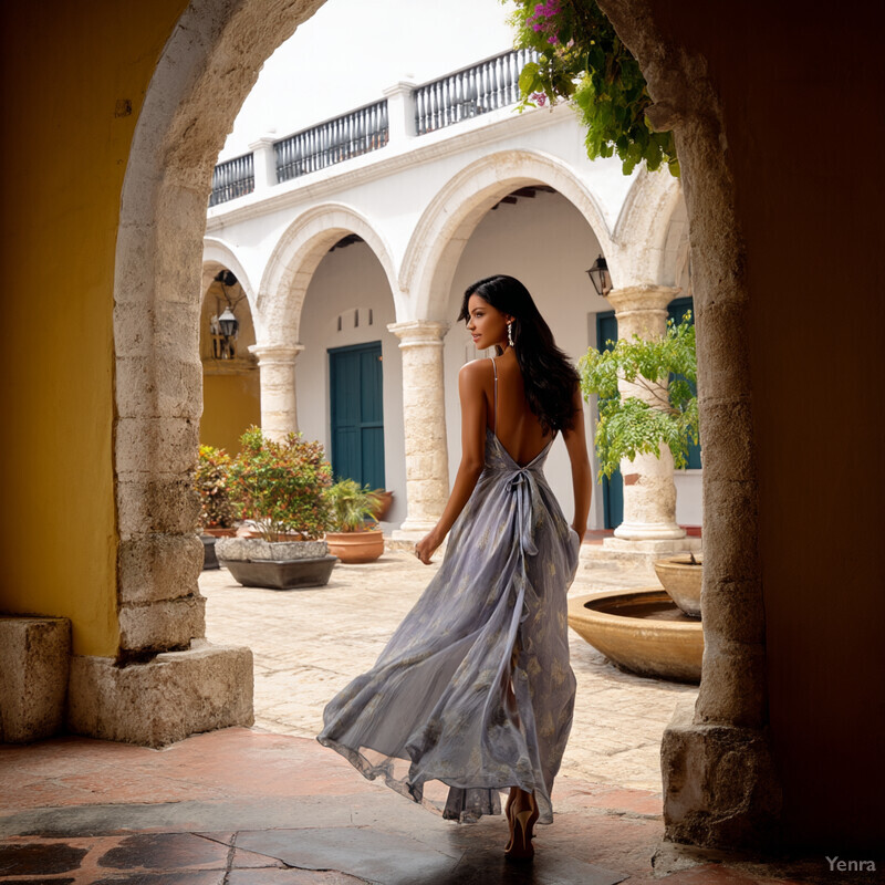A woman walks through an arched passageway with a white building in the background.