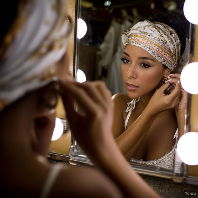 A woman prepares for an event or performance, reflected in a mirror with jewelry and a white top.