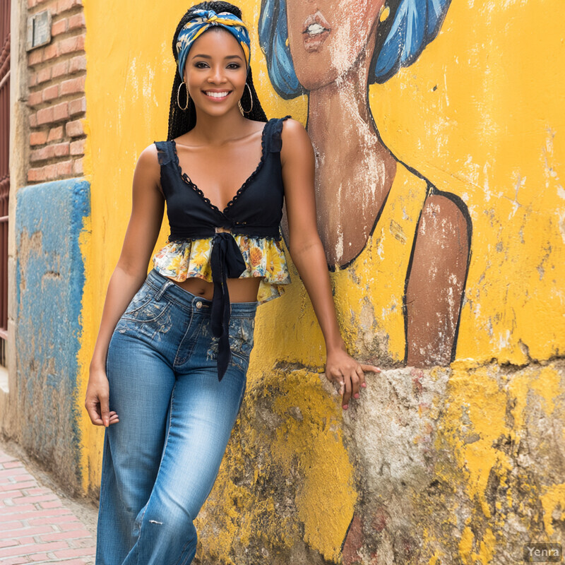 A young woman stands confidently in front of a mural of an African American woman's face and neck on a yellow wall, wearing a black crop top with colorful ruffles and accessorized with hoop earrings and a bright blue bandana.