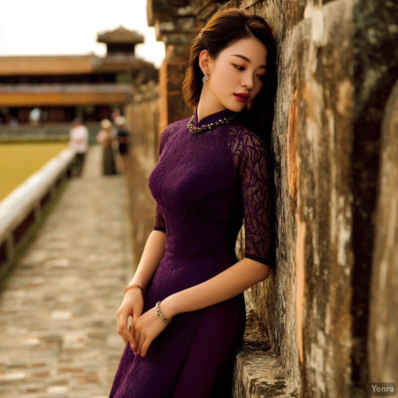 A young woman leans against an ancient stone wall, exuding elegance and poise in her purple lace dress and delicate accessories.