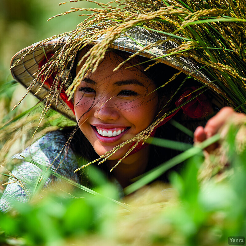 A young Asian woman wearing a conical hat amidst a lush green field with trees in the background.