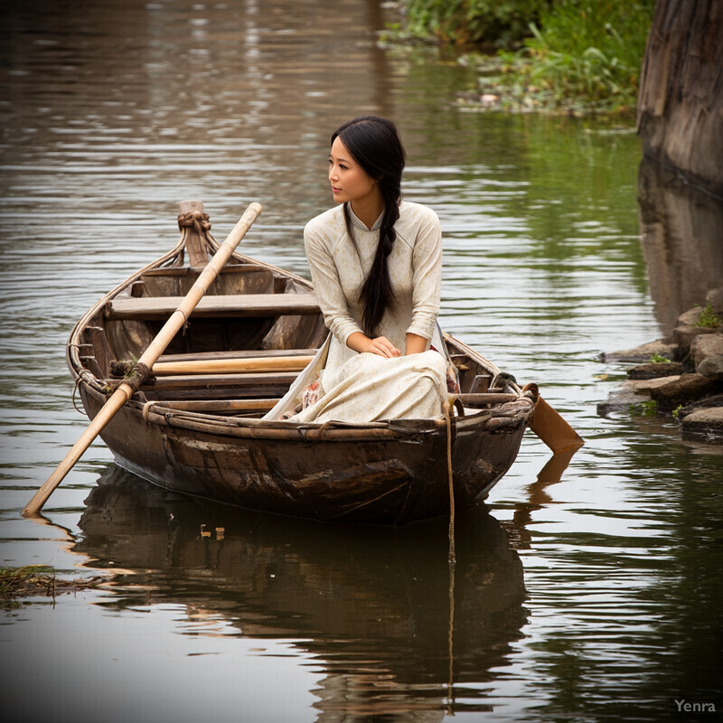 A woman sits in a small wooden boat on a riverbank, surrounded by lush greenery and water, possibly engaged in fishing or paddling.