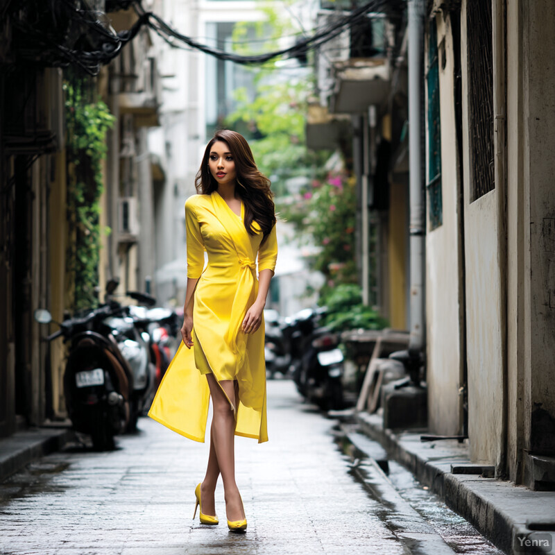 A young woman with long brown hair wearing a bright yellow dress and matching high heels stands in front of a blurred outdoor background.