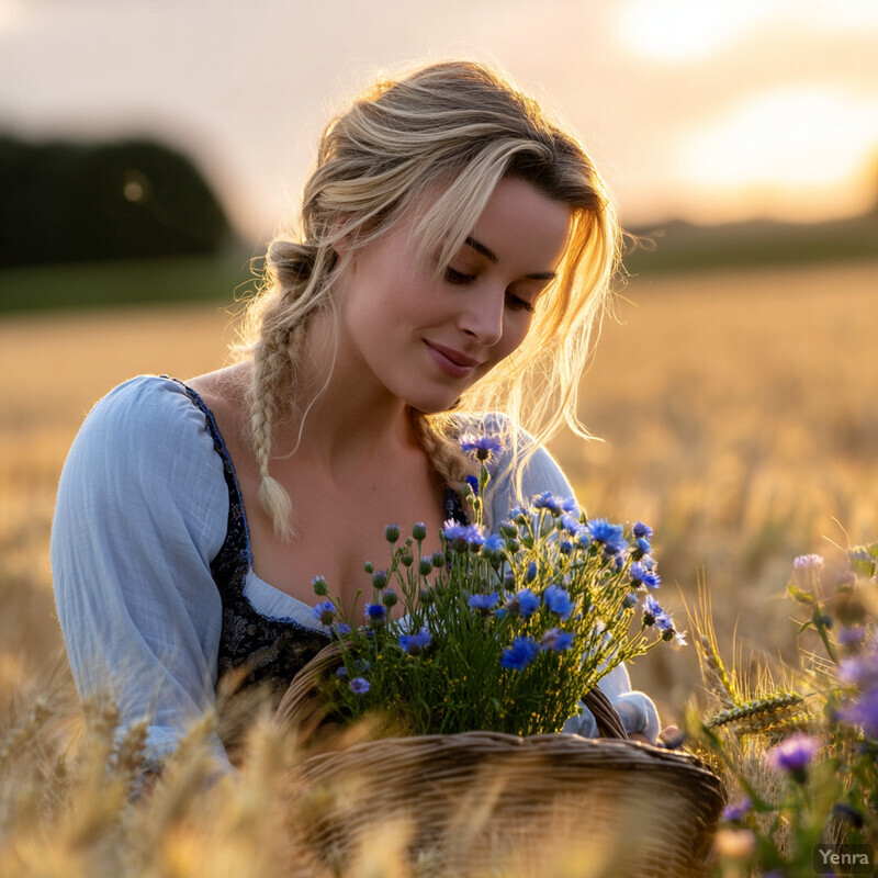 A young woman is lost in thought as she gazes at the cornflowers in her hand, surrounded by a sea of colorful blooms.