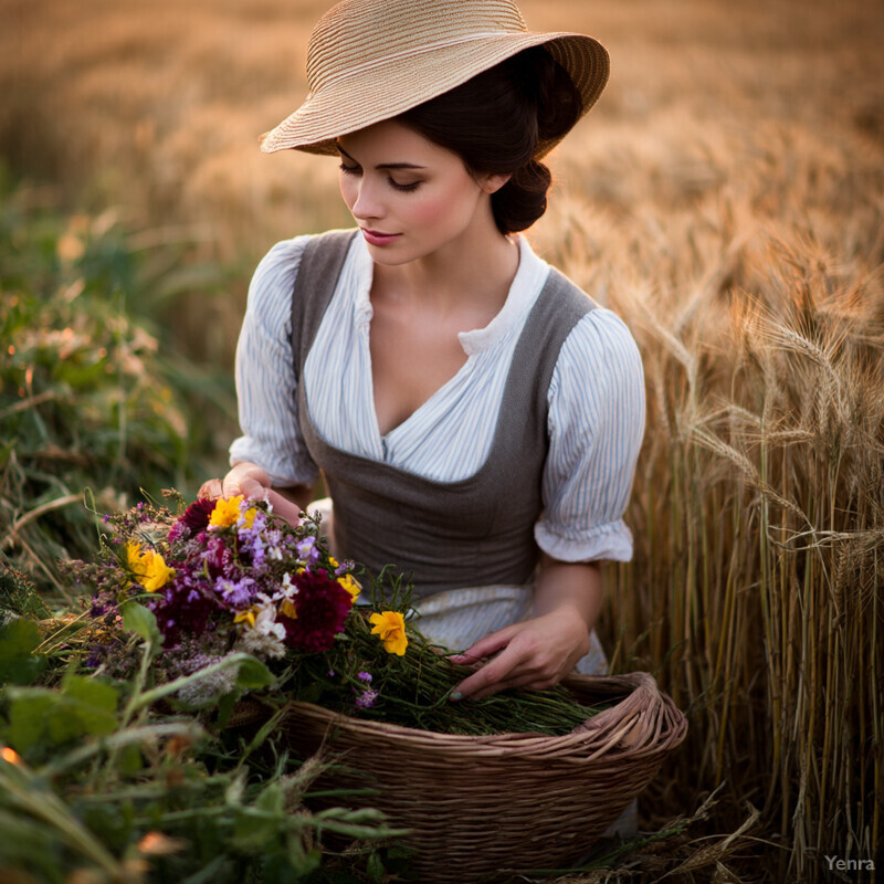 A woman in traditional clothing arranges flowers in a basket while standing in a field.