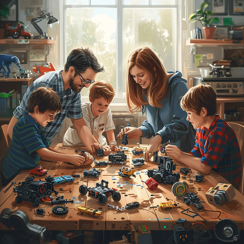 Family Building a Robotics Kit Together